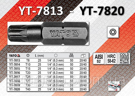 Біти 1/4" х 25 мм TORX T30 50 шт., YATO YT-7819., фото 2