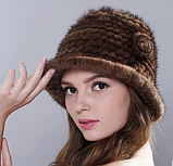 Хутряний жіночий шапка, капелюх із в'язаної нотки коричневий, фото 4
