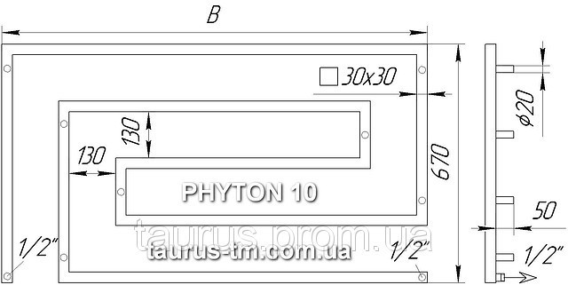 Большой проточный, дизайнерский полотенцесушитель Phyton 10 /670х1100, из квадратной н/ж стали 30х30 - фото 4 - id-p17384409