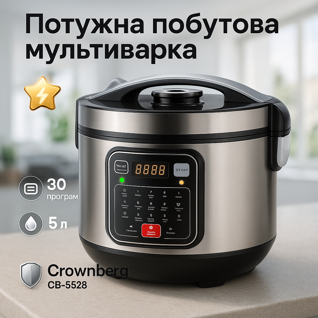 Мультиварка 30 програм Crownberg CB-5528 5л 1000Вт електронне керування з дисплеєм та функцією скороварки XT-64, фото 1