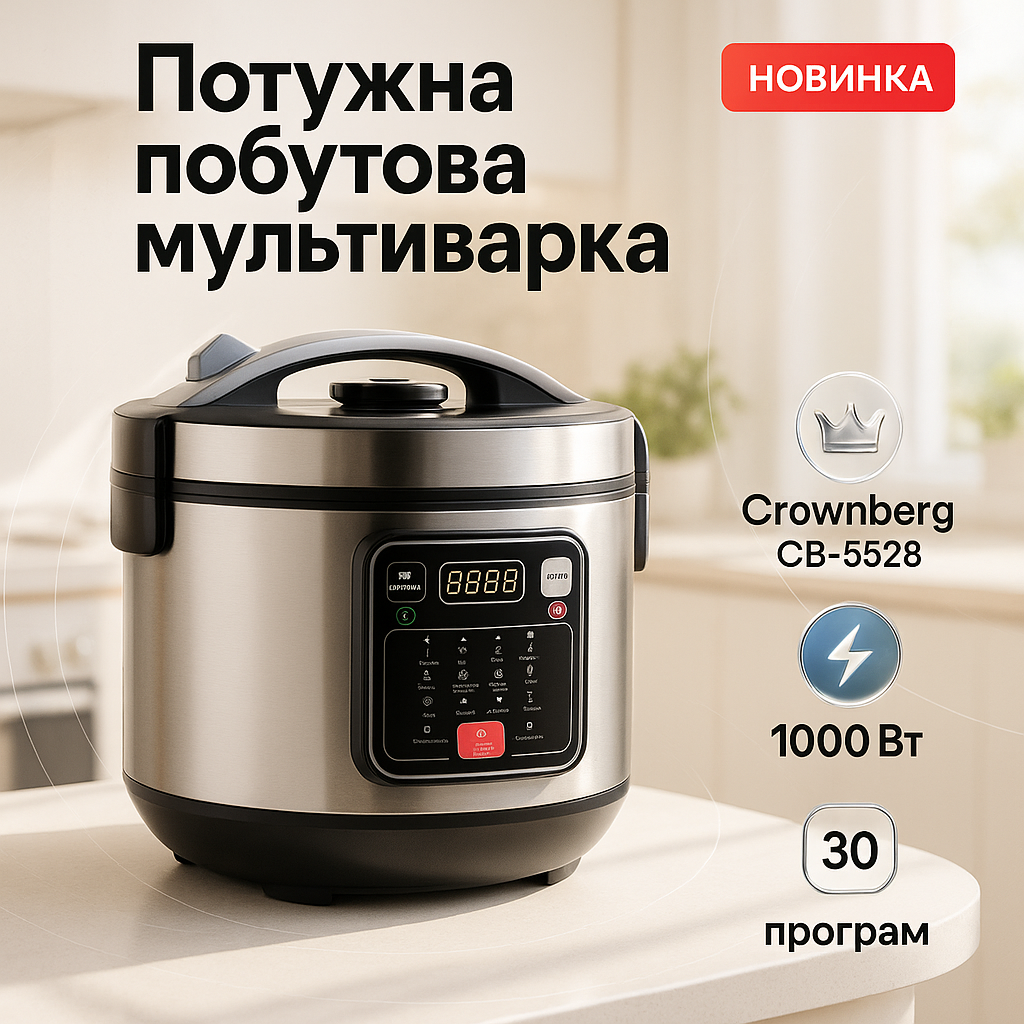 Мультиварка 30 програм Crownberg CB-5528 5л 1000Вт електронне керування з дисплеєм та функцією скороварки VZ-51, фото 1