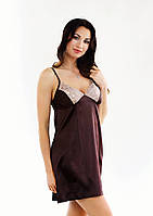 Сорочка з атласної тканини з мереживом, коричневий колір, розмір SM (EU38, RUS44)