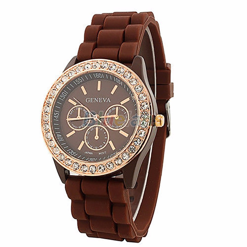 Модные стильные женские часы Geneva Luxury Crystal со стразами,силиконовый ремешок , коричневые