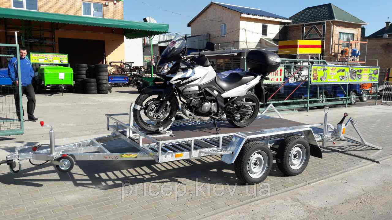Причіп для перевезення мотоциклів і квадроциклів 3,1 м х 1,8 м. Цинк. Без гальм.
