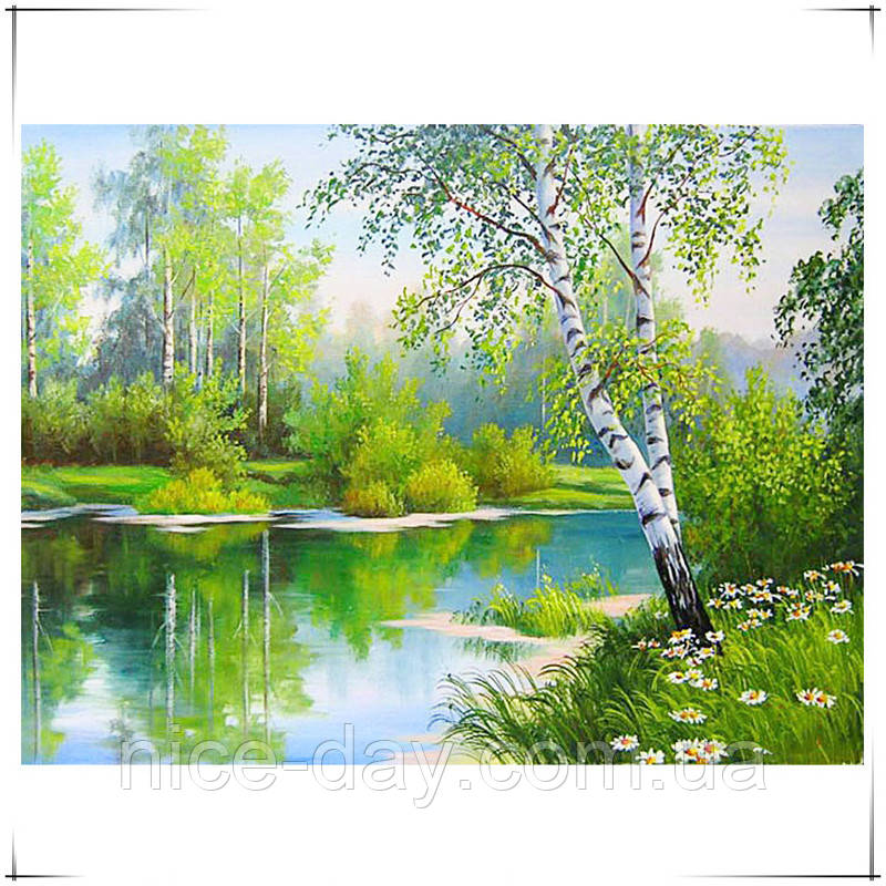 Картина для малювання камінням Diamond painting Алмазна вишивка "Береза біля річки" повна