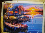 Картина для малювання камінням Diamond painting Алмазна вишивка "Вечер, будиночок, човен біля річки" повна, фото 6