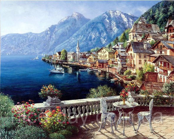 Картина для малювання камінням Diamond painting Алмазна вишивка "Столик біля моря та гори"