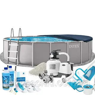 Каркасный бассейн Max Intex 26756-10в1, 610 х 132 см (бассейн, подстилка, лестница, фильтр 10 500 л/ч, песок, альгеникс, хлор
