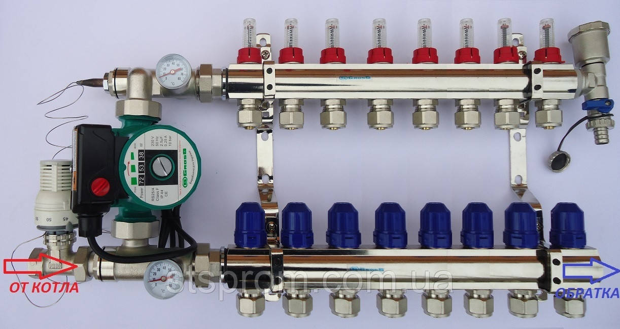 Колектор на 8 виходів для теплої підлоги зі стандартним вузлом