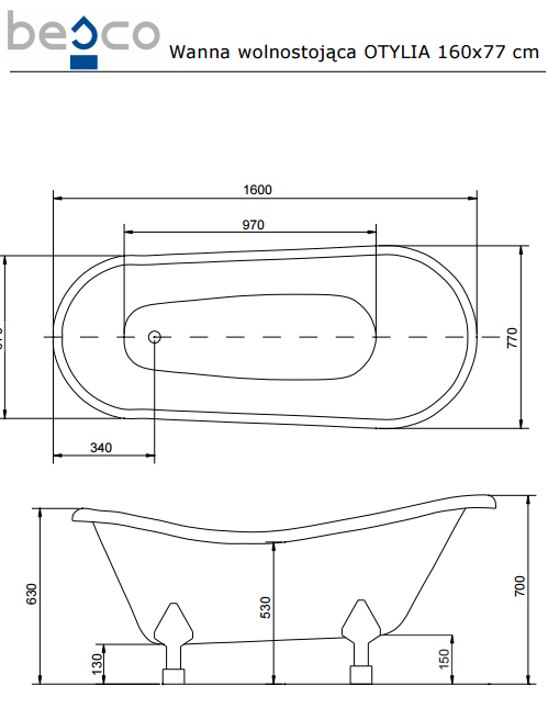 Ванна отдельно стоящая c лапами белыми Otylia 160x77 Besco PMD PIRAMIDA - фото 3 - id-p520122372