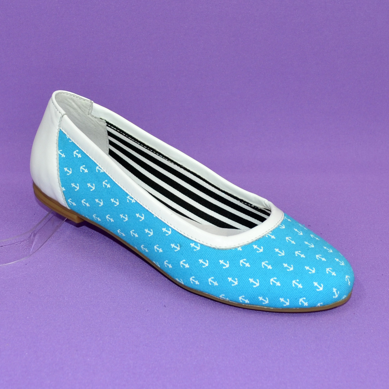 Жіночі стильні блакитні балетки з принтом якоря, натуральна шкіра, бавовна., фото 1