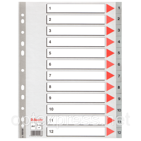 Роздільники пластикові з ПП, цифрові A4 Esselte, 1-12
