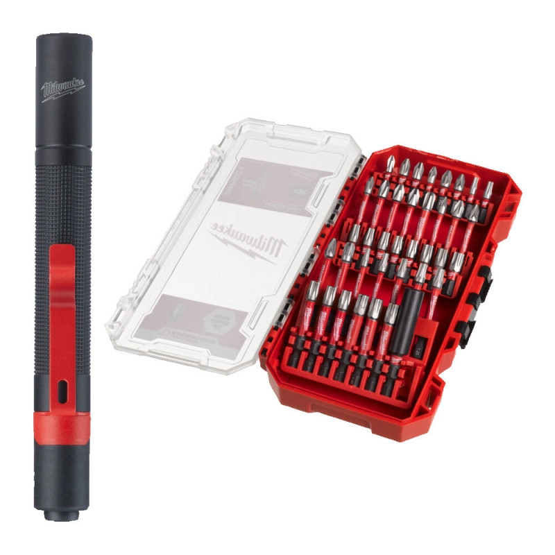 Набор бит SHOCKWAVE PACKOUT 38 шт. в пластиковом кейсе + фонарик IPL Milwaukee 4932498608, фото 1