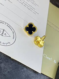 Серьги Van cleef клевер чёрные ван клиф в золоте на гвоздике