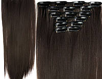 Волосы на заколках шоколадный каштановый №2/33 Трессы ровные прямые темно-коричневые термостойкие набор 6