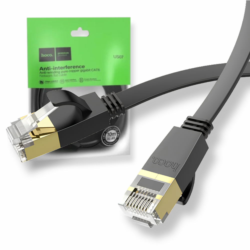 Сетевой кабель патч корд плоский RJ45 HOCO US07 (чистая медь, Gigabit Ethernet Cat.6) 10 метров Черный, фото 1