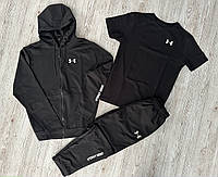 Комплект 3 в 1 Under Armour демисезонный костюм черный на змейке + штаны + футболка черная