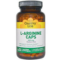 Country Life, L-аргинин в капсулах, 500 мг, 200 капсул