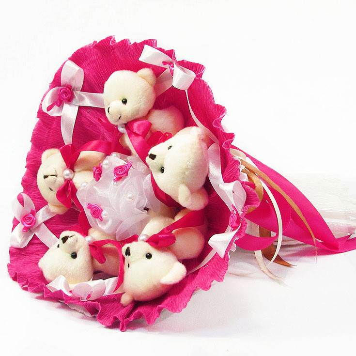 Букет із іграшок Ведмедики 5 малиновий, фото 1