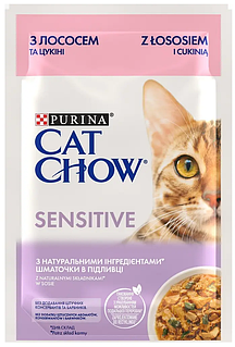 Cat Chow для взрослых кошек с чувствительным пищеварением, с лососем и цукини, кусочки в подливке 26 x 85 г