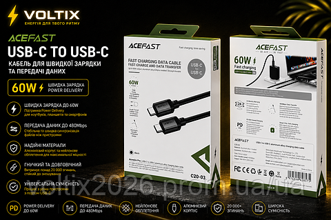 Кабель Type-C to Type-C ACEFAST C20-03 PD 60W 1.2m Черный / Шнур провод тканевой быстрая зарядка для ноутбука телефона