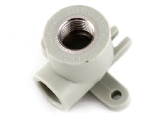 Коліно поліпропіленове з кріпленням і внутрішньою різзю 20х1/2" 90° 