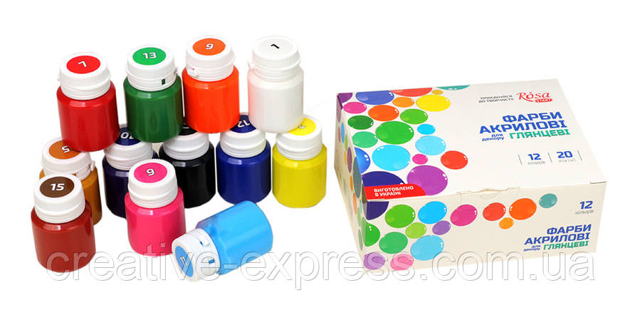 Набір акрилових фарб для декору ROSA START, глянцевий, 9 кол.*20мл, фото 1