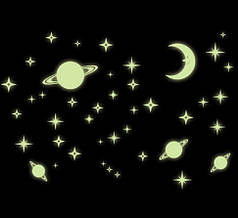 Наклейка на стену в детскую, наклейки на шкаф "луна, звезды, планеты" светятся в темноте (лист21см*25см)