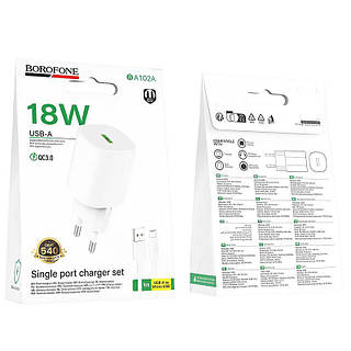 СЗУ Borofone BA102A Pudding QC3.0 (1USB-A) + кабель USB to MicroUSB White
