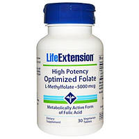 Life Extension, Высокоактивный оптимизированный фолат, 5000 мкг, 30 вегетарианских таблеток