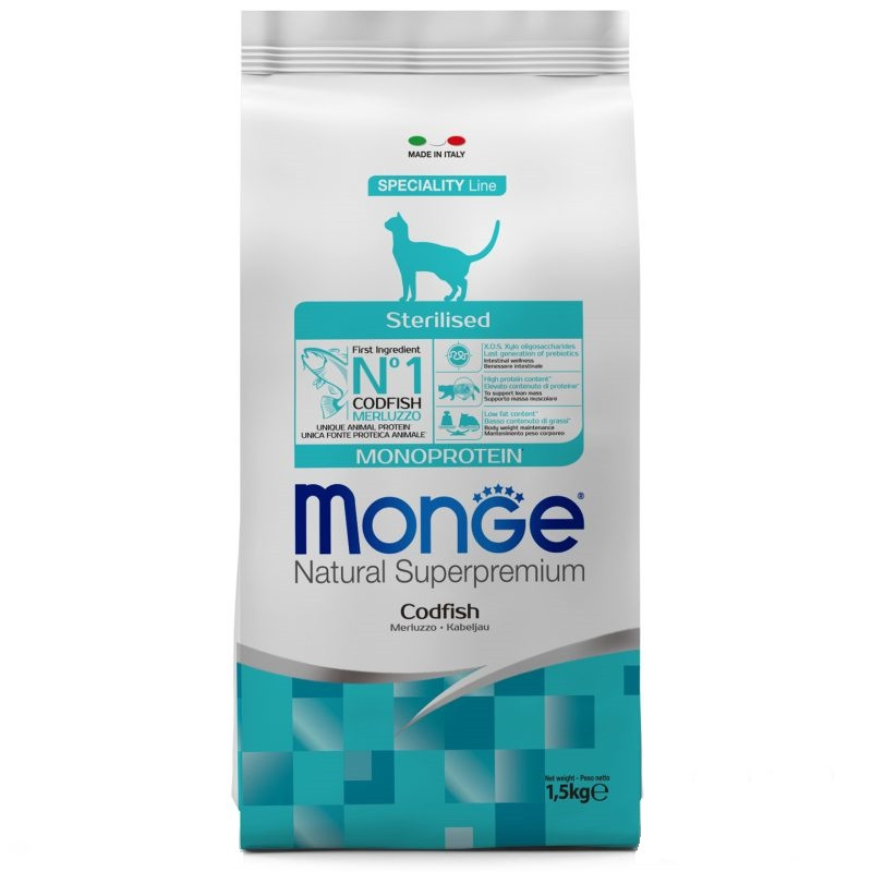 Monge Cat Codfish Monoprotein Sterilised Adult сухой монопротеиновый корм для взрослых стерилизованных котов с мясом трески 1.5 кг, фото 1