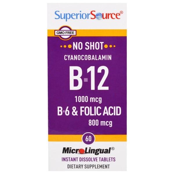 Superior Source, MicroLingual, ціанокобаламін B-12 1000 мкг, B-6 і фолієва кислота 800 мкг, 60 швидкорозчинних таблеток
