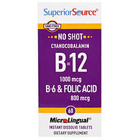 Superior Source, MicroLingual, цианокобаламин B-12 1000 мкг, B-6 и фолиевая кислота 800 мкг, 60 быстрорастворимых таблеток
