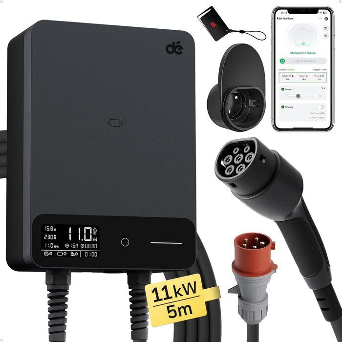 Тип 2 Wallbox 11 кВт з APP і RFID, 3-фазний зарядний пристрій для електромобілів 6-16 А 400 В із зарядним кабелем довжиною 5 м і, фото 1