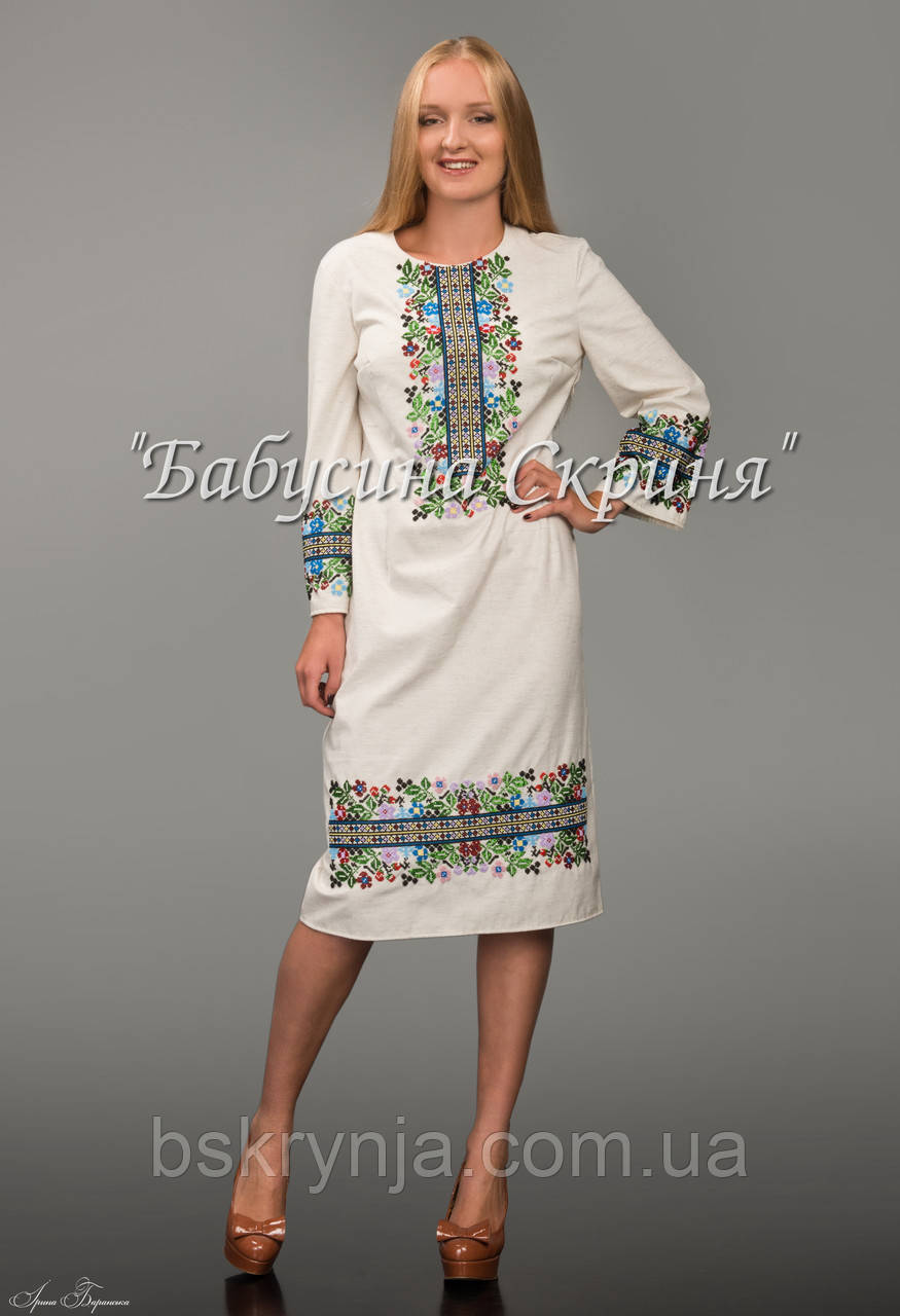 Заготовка жіночої сукні для вишивки нитками/бісером БС-49-1с білий, домоткане полотно