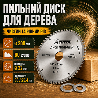 Пильный диск по дереву 200х32 мм 60 зубьев с твердосплавными напайками переходник 32-30/32-25,4 мм