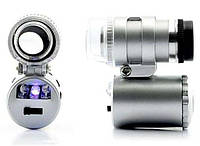 Карманный микроскоп. Мини-микроскоп 60х, со светодиодной подсветкой, ультрафиолет+белый свет, +чехол.