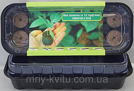Міні-тепличка + 12 торф'яних таблеток у сітці