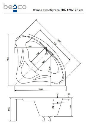 Кутова ванна MIA 120х120 Besco PMD Piramida, фото 1