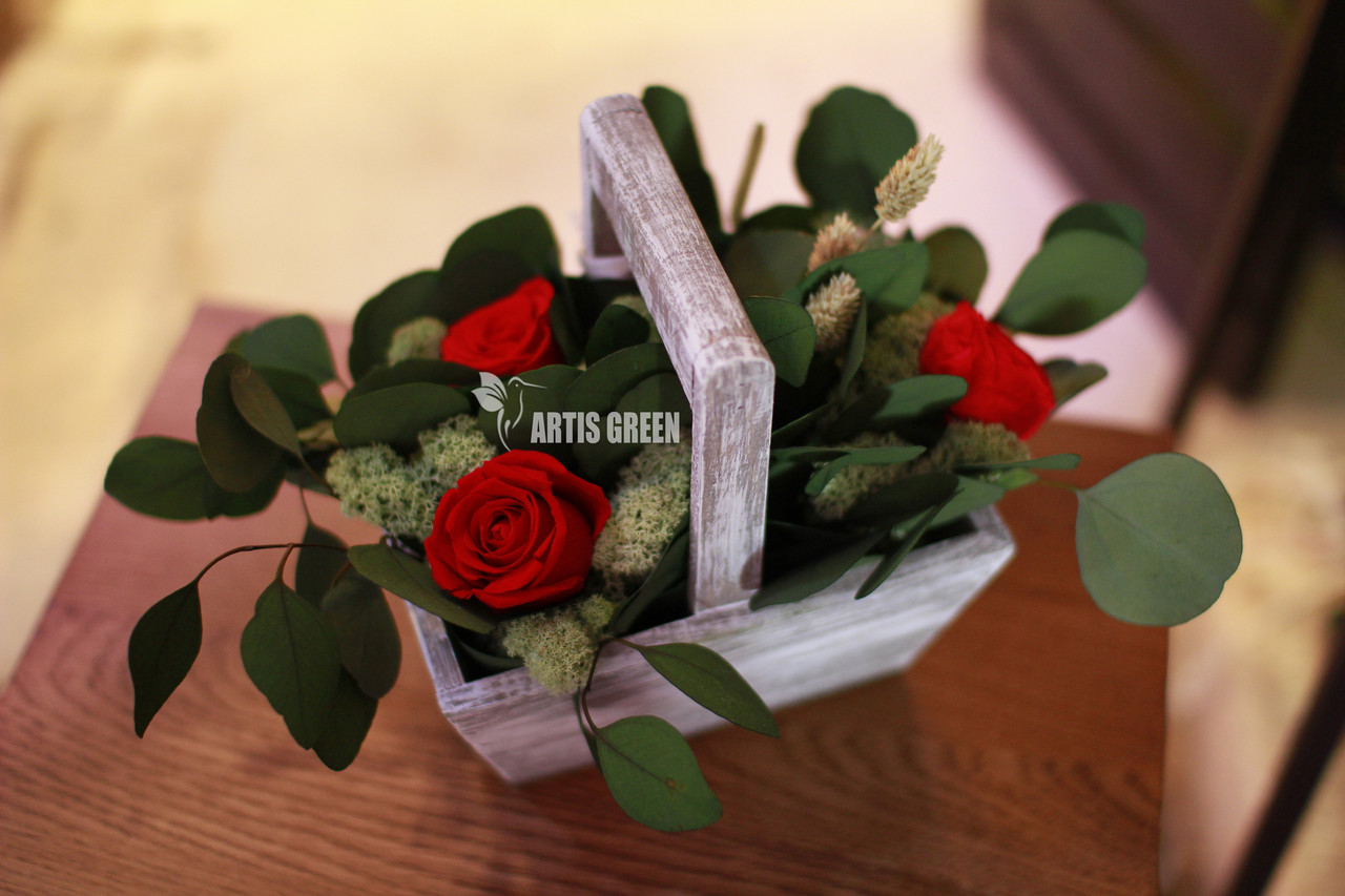Еко-кошики з стабілізованих троянд і рослин "Artis Green", S10