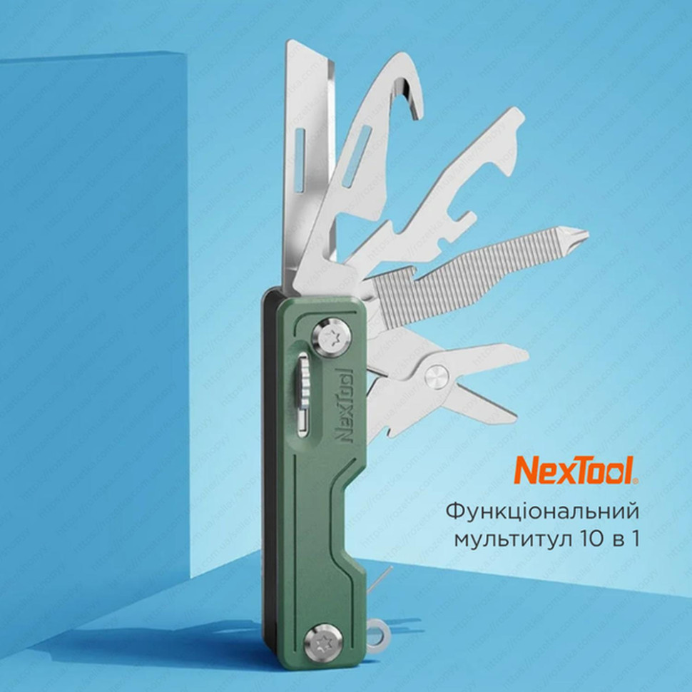 Мультитул NexTool 10 функций карманный зелёный ABS пластик сталь 88г, фото 1
