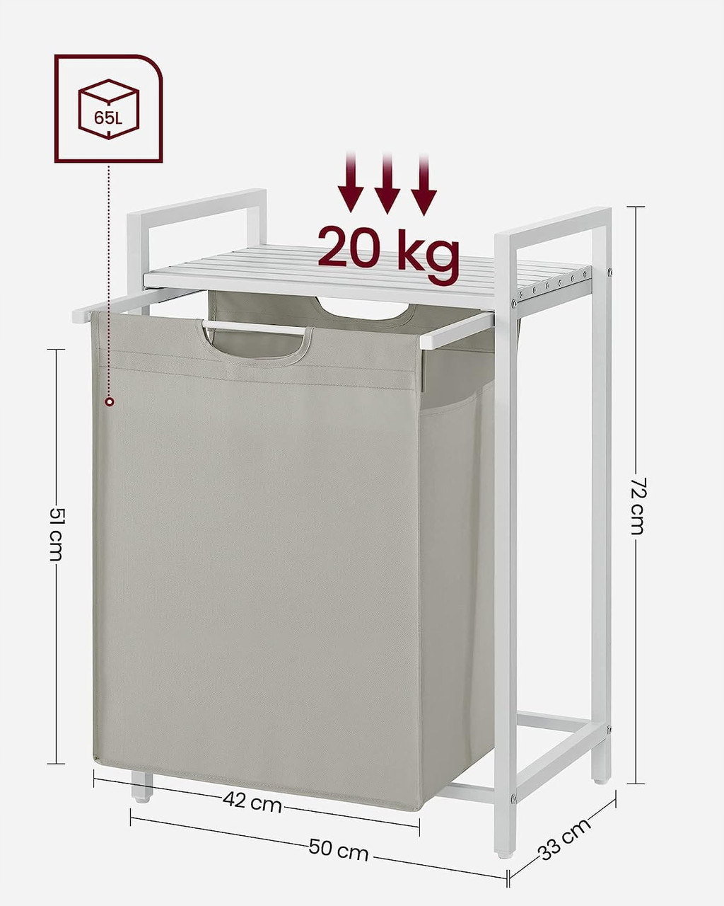 Сортировщик белья SONGMICS 50×33×72 см с выдвижной корзиной и верхней полкой, бело-серый, фото 1