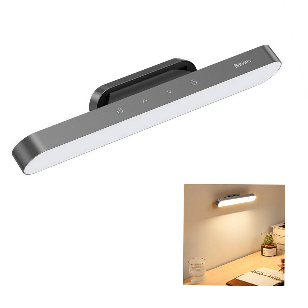 

Аккумуляторная магнитная лампа Baseus 4,5W, 1800mAh Magnetic Stepless Dimming Charging Desk Lamp Серая, Белый