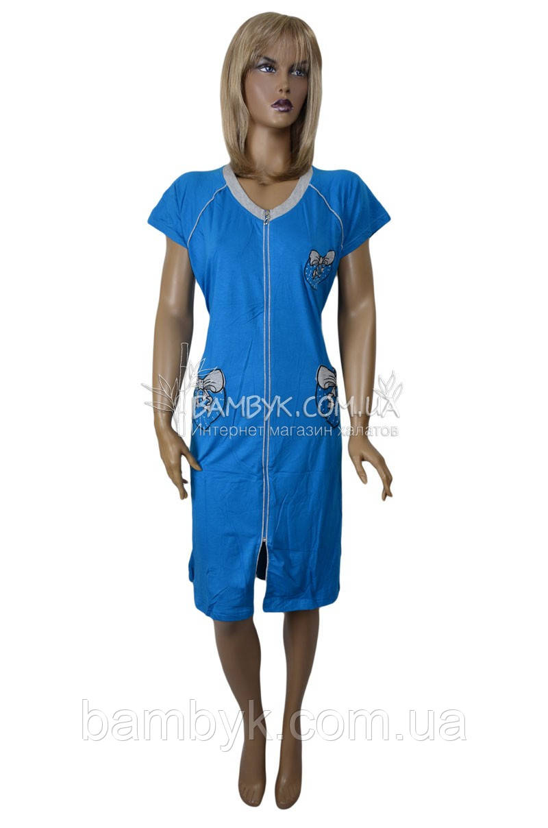 Халат Однотонний Трикотажний Літній З Коротким Рукавом На Блискавці Прикрашений Вишивкою "Marylin" №022