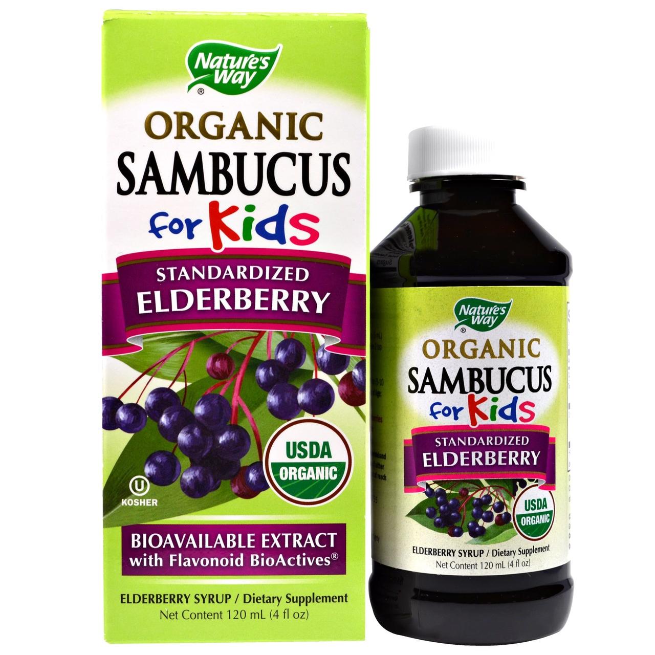 Natures Way, Organic Sambucus для дітей, з стандартизований бузини, смак ягід, 4 рідких унцій (120 мл)