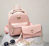Рюкзак женский кожаный с бантиком + клатч (розовый)