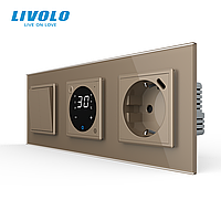 Терморегулятор для теплого пола LIVOLO с 2-клавишным выключателем и розеткой USB Type-C 18 Вт, золото, стекло