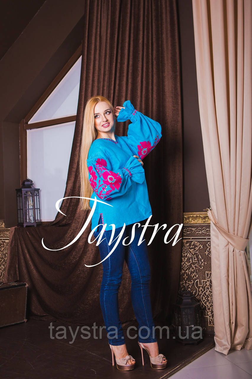 Вишиванка льон бохо блузка бірюзова вишита, етностиль, Bohemian
