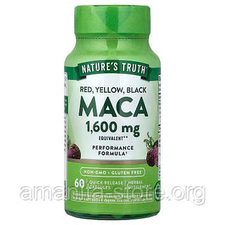 Мака, Maca, Nature's Truth, красная, желтая, черная, 1600 мг, 60 капсул быстрого высвобождения