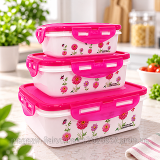 Судок UNIQUE UN-1511 3шт/ Набор пластиковых контейнеров / Комплект пищевых контейнеров с узором